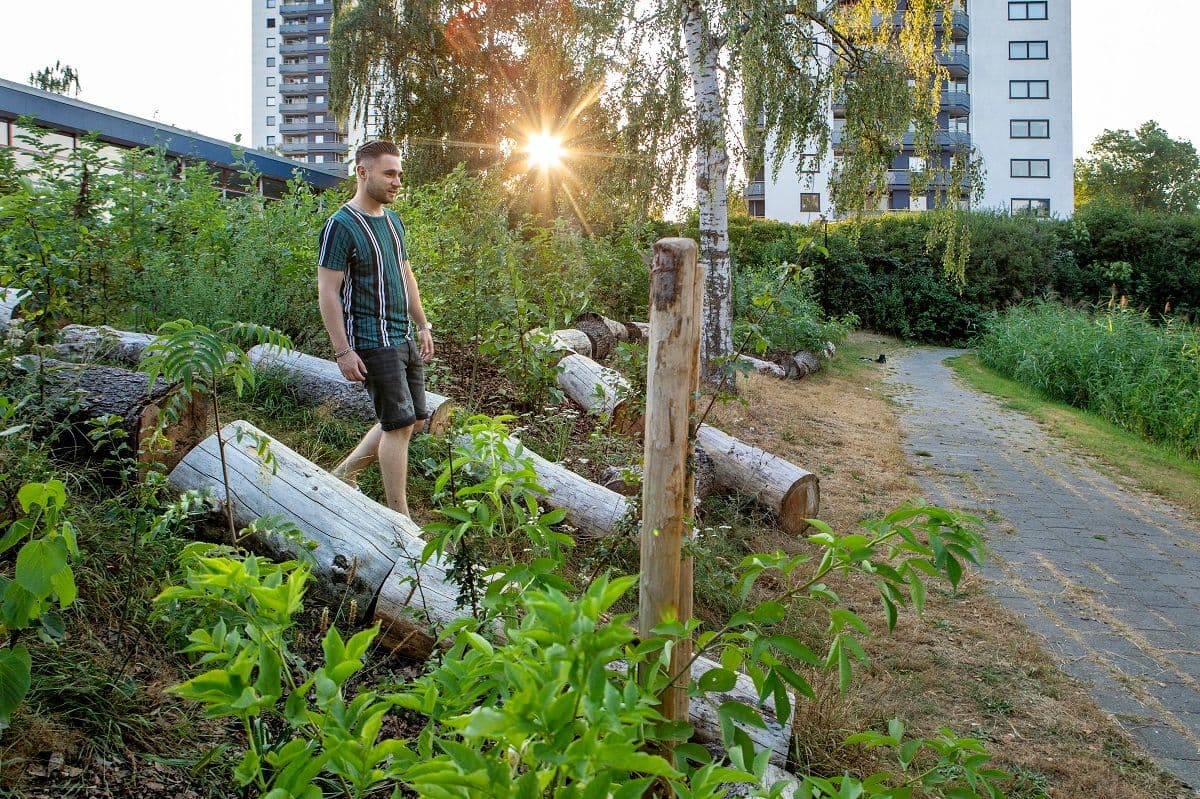 Jongen tussen natuur in woonwijk
